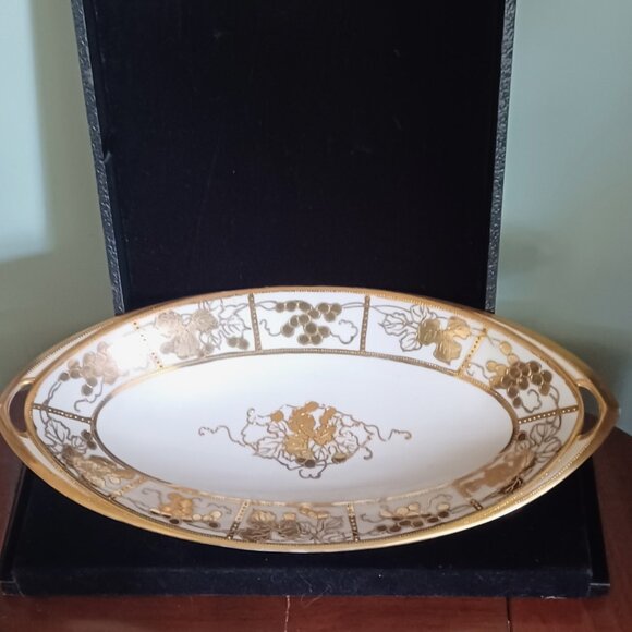 Antique Nippon Hand Painted Gold Moriage Porcelain Two Handled Celery Plate - Picture 1 of 5